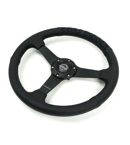 NRG Reinforced Black Perforated Leather Steering Wheel 350mm / 1.5in Deep w/ Goal Digger Blk Stitch