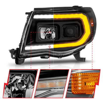 ANZO 05-11 Toyota Tacoma Projector Headlights w/Light Bar Switchback Black Housing ANZO