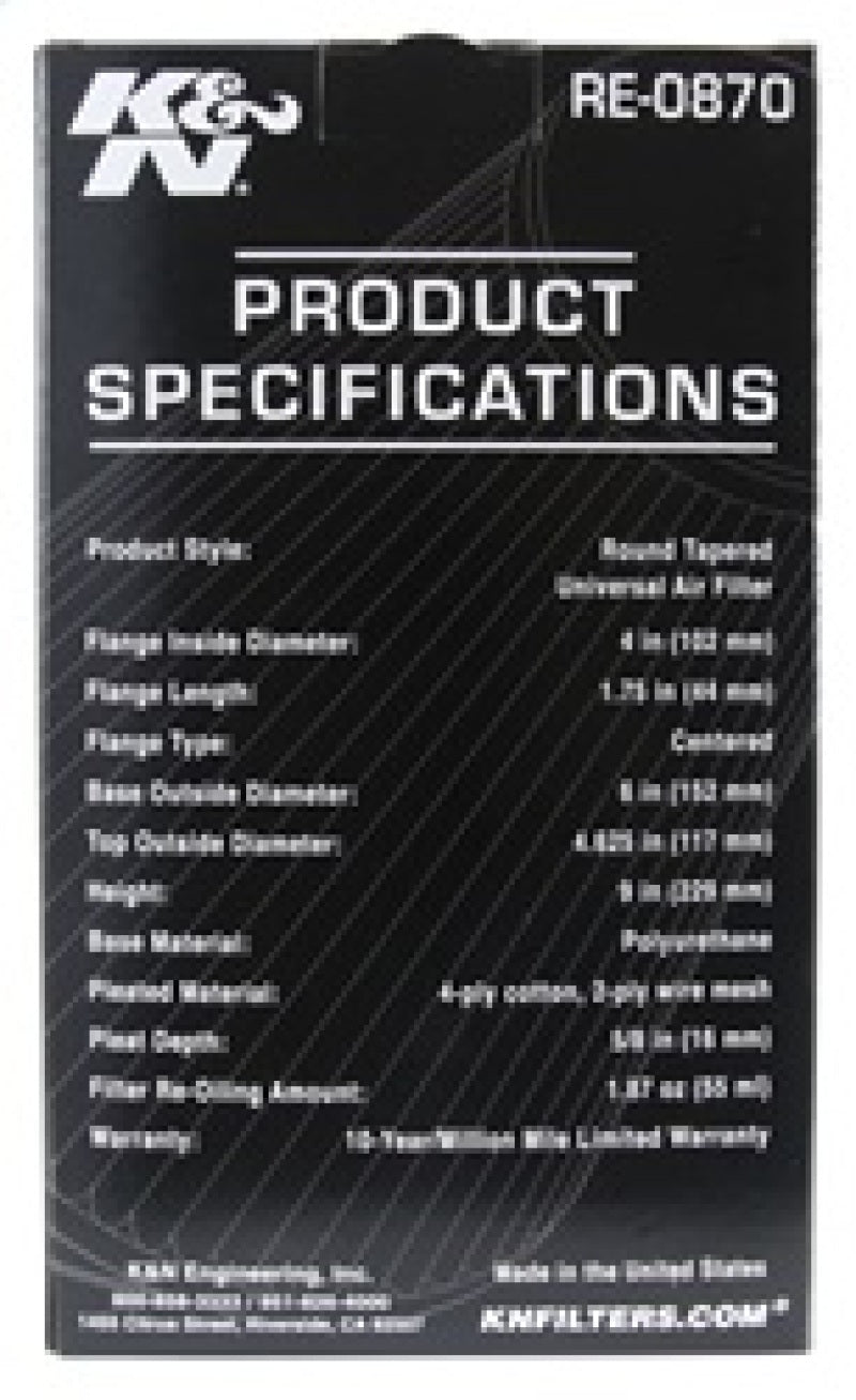 K&N Universal Rubber Filter 4inch FLG / 6inch OD-B / 4-5/8inch OD-T / 9inch H K&N Engineering