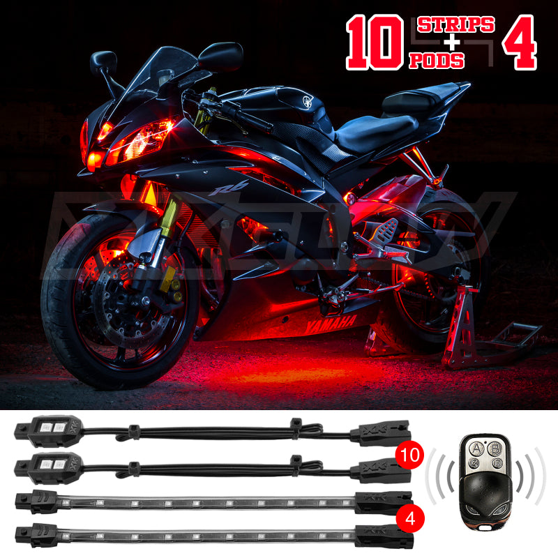 XK Glow Single Color XKGLOW LED Accent Light Motorcycle Kit Red - 10xPod + 4x8InStrips
