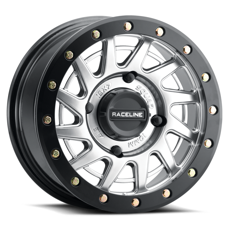 Raceline A12SB Squad 15x7in/4x156 BP/10mm Offset/132.5mm Bore - Silver & Black Ring Beadlock Wheel