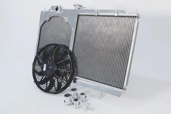 CSF 7075B 1996-2007 Mitsubishi Lancer Evolution (MT)ALUMINUM “Full slim” radiator w/ adjustable -16 or slip-on fittings & 12″ SPAL FAN/shroud - Black CSF