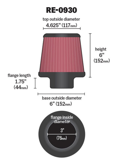 K&N Universal Rubber Filter - Round Tapered 6in Base OD x 3in Flange ID x 6in H K&N Engineering