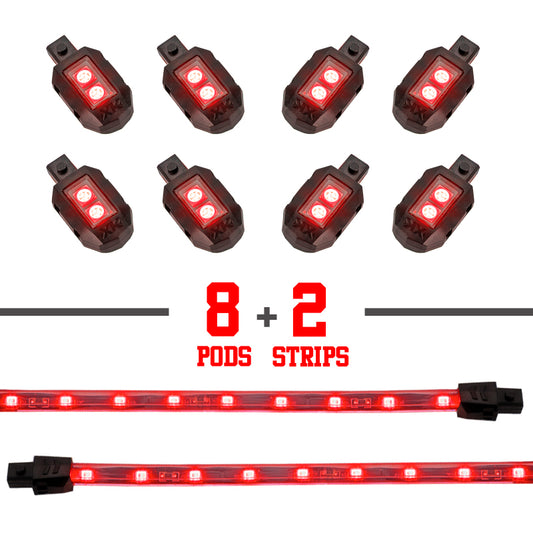 XKGlow Red - 8xPod + 2x8"Strips Single Color XKGlow LED Accent Light Motorcycle Kit - 10 Piece - Part XK034001-R