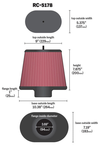 K&N Universal Air Filter - Oval Straight - 3.688in Flange ID x 10.25in Base O/S Length x 7.875in H K&N Engineering