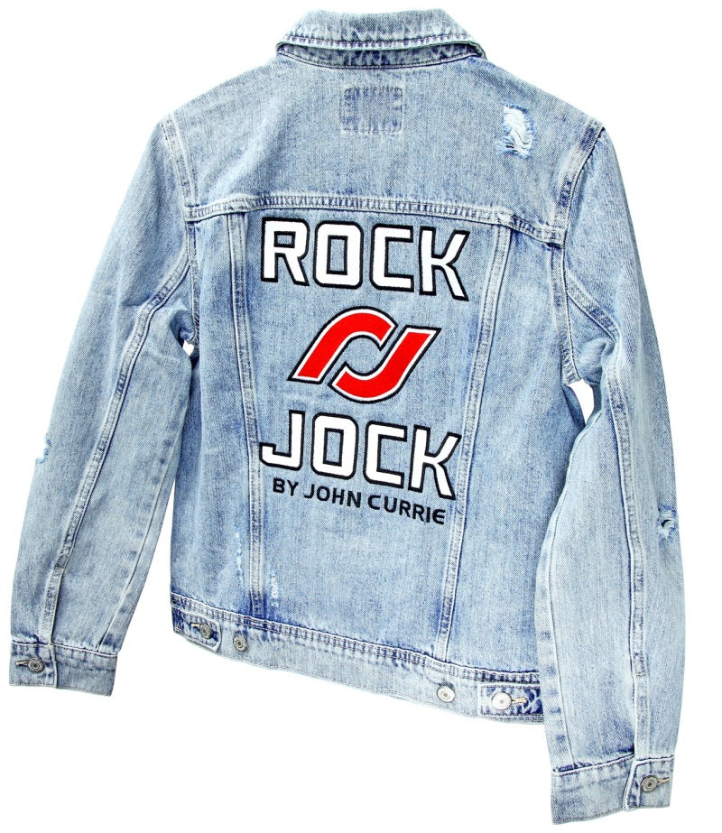 RockJock Jean Jacket w/ Embroidered Logos Front and Back Blue Womens Medium