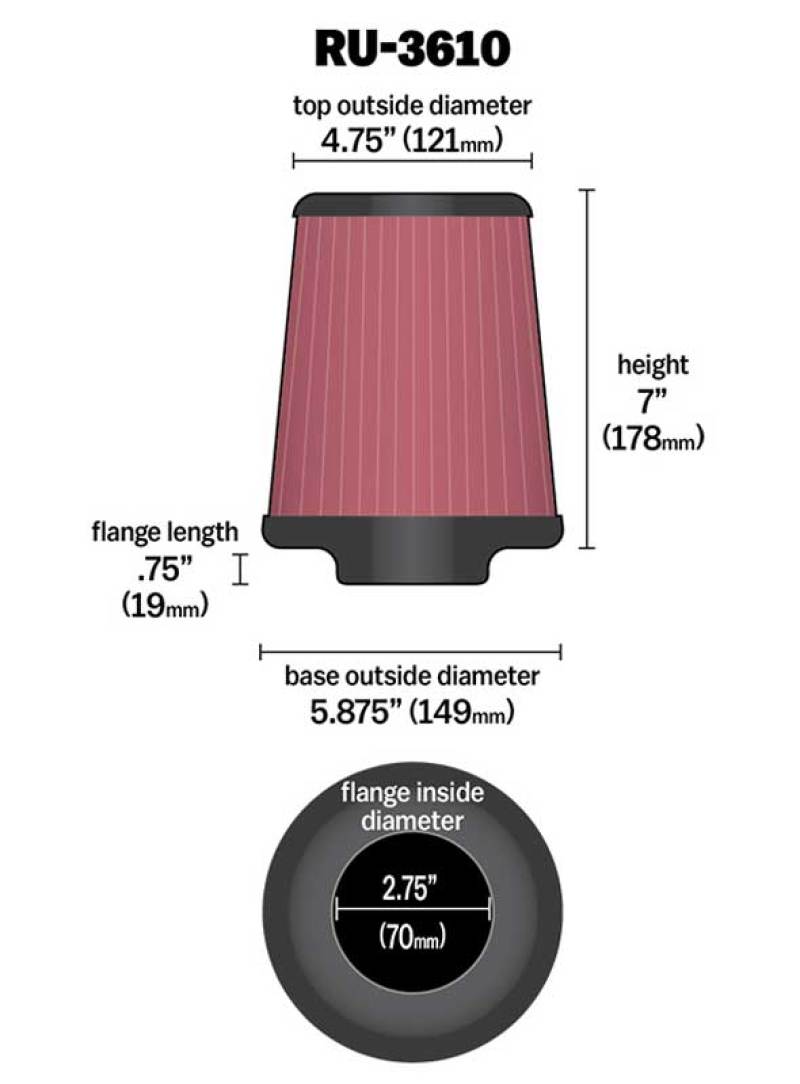 K&N Universal Rubber Filter 2.75in Flange ID x 5.875in Base OD x 4.75in Top OD x 7in Height K&N Engineering