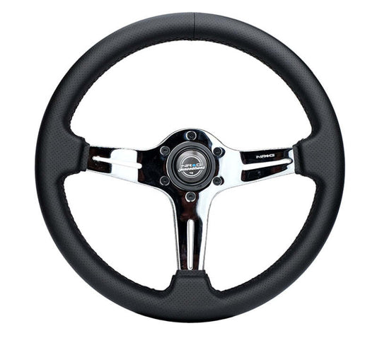 NRG Light Weight Gaming Steering Wheel - 350mm 3 Chrome Silver Spokes Perforated Leather - ST-018CH-PR