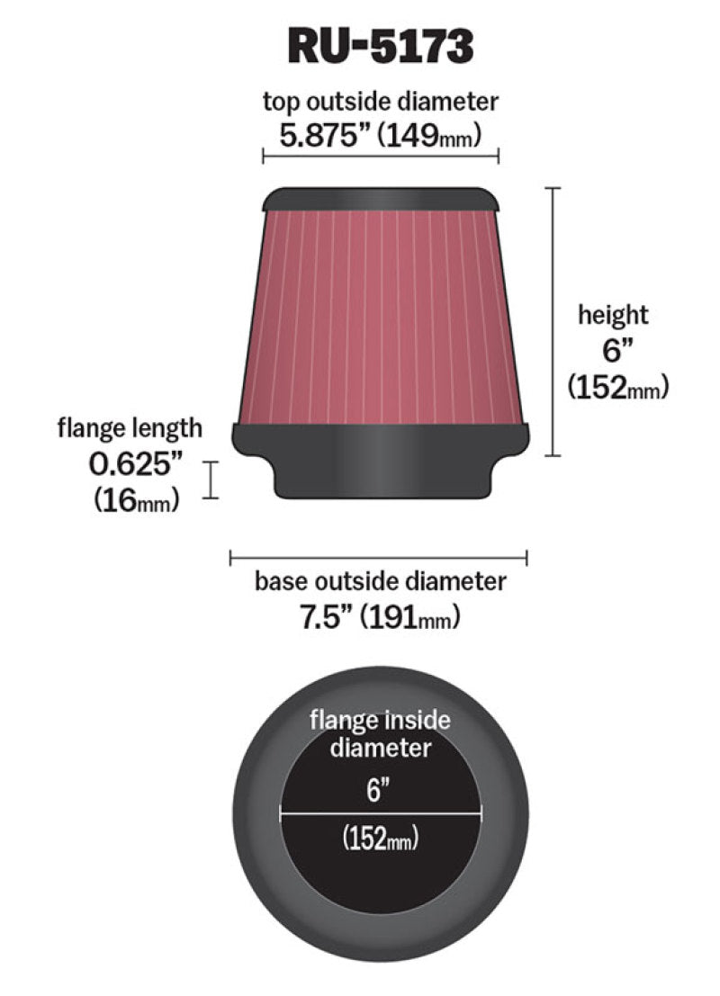 K&N Universal Clamp-On Air Filter 6in FLG / 7-1/2in B / 5-7/8in T / 6in H K&N Engineering