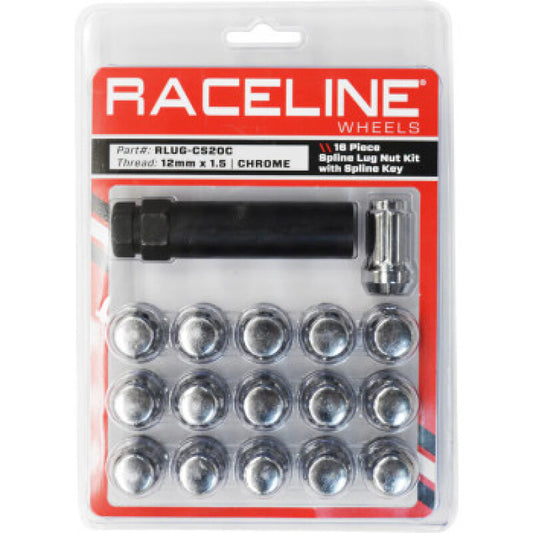 Raceline Spline Lug Nut Kit with Spline Key 12 x 1.5 - 16 Pack - Chrome