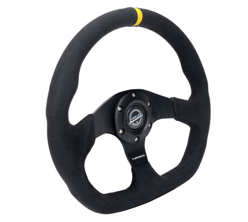 NRG Reinforced Steering Wheel (320mm) Sport Alcantara Flat Bottom w/ Yellow Center Mark - RST-024MB-SA-Y