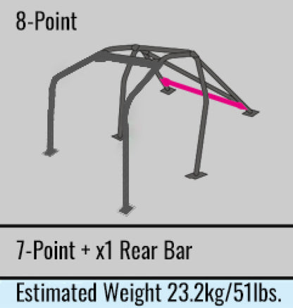 8-Point, Front & Rear with Diagonal & Rear Bar, 2 Passenger, Dash Through-Type. Chromoly 40mm OD