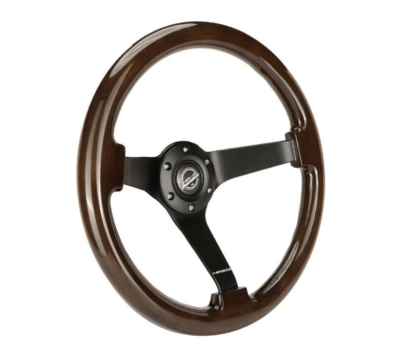 NRG Reinforced Steering Wheel (350mm) Dark Wood Grain - 3in Deep - Black 3-Spoke Center - RST-036BK-BKW