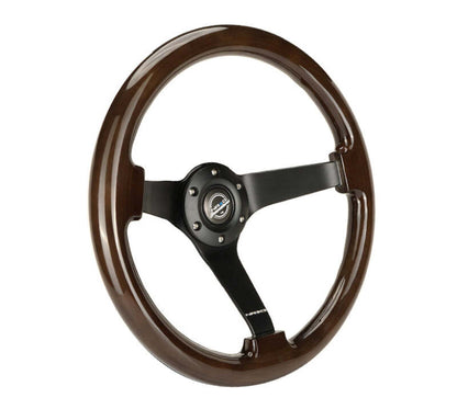 NRG Reinforced Steering Wheel (350mm) Dark Wood Grain - 3in Deep - Black 3-Spoke Center - RST-036BK-BKW
