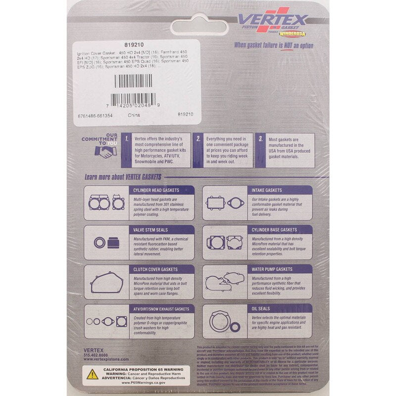 Vertex Ignition Cover Gasket for 2016 Polaris 450 HO 2x4 [MD] & More - 819210