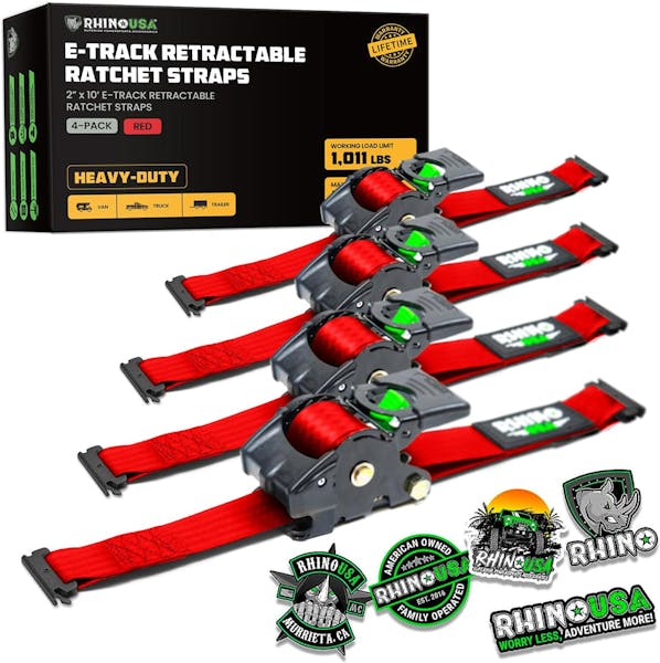Rhino USA Retractable E-Track Ratchet Straps (4 Pack, 2Inx10Ft) (Red)