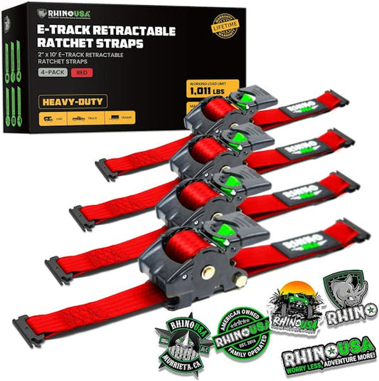 Rhino USA Retractable E-Track Ratchet Straps (4 Pack, 2Inx10Ft) (Red)
