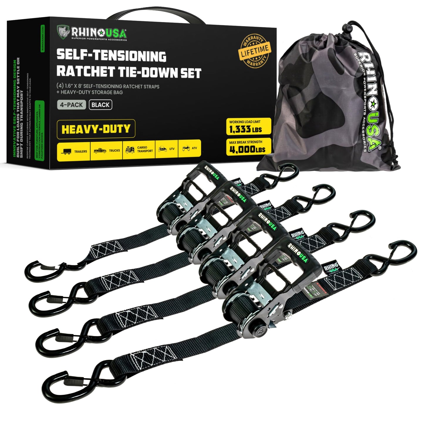 Rhino USA Self-Tensioning Ratchet Straps (4Pk 1.6Inx8Ft) (Black)