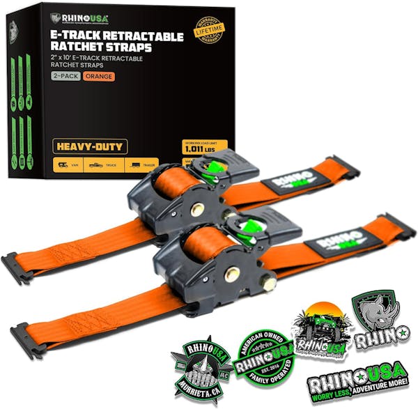 Rhino USA Retractable E-Track Ratchet Straps (2 Pack, 2Inx10Ft) (Orange)