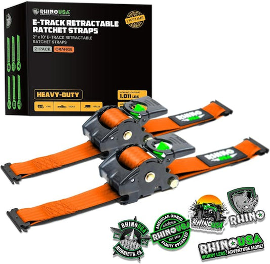 Rhino USA Retractable E-Track Ratchet Straps (2 Pack, 2Inx10Ft) (Orange)