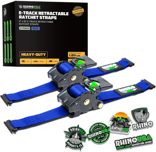 Rhino USA Retractable E-Track Ratchet Straps (2 Pack, 2Inx10Ft) (Blue)