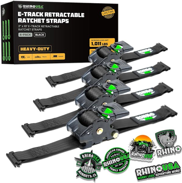 Rhino USA Retractable E-Track Ratchet Straps (4 Pack, 2Inx10Ft) (Black)