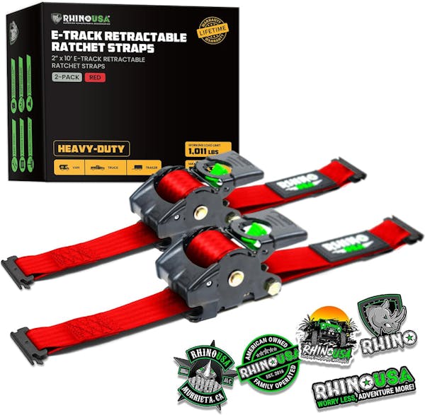 Rhino USA Retractable E-Track Ratchet Straps (2 Pack, 2Inx10Ft) (Red)