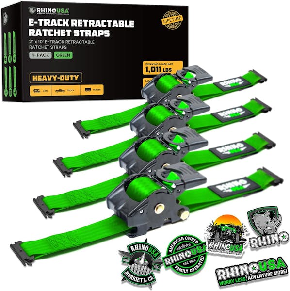 Rhino USA Retractable E-Track Ratchet Straps (4 Pack, 2Inx10Ft) (Green)