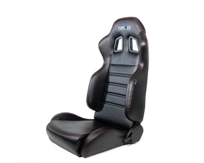 NRG Reclinable Racing Seats (Pair) Black Leather w/NRG Logo Red Stitch - RSC-208-1L/R