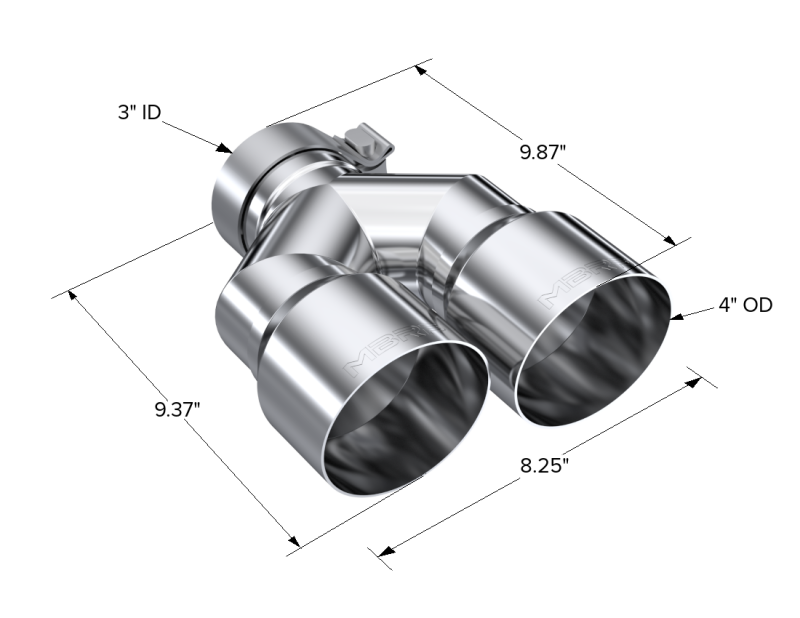 MBRP 3in ID / Dual 4in OD Out Staggered L 9.37in / R 9.87in Single Wall T304 SS Univ Exhaust Tip MBRP