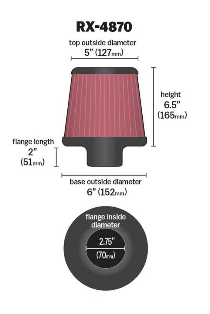 K&N Filter Universal X Stream Clamp-On 2 3/4 inch Flange 6 inch Base  5 inch Top 6 1/2 inch Height