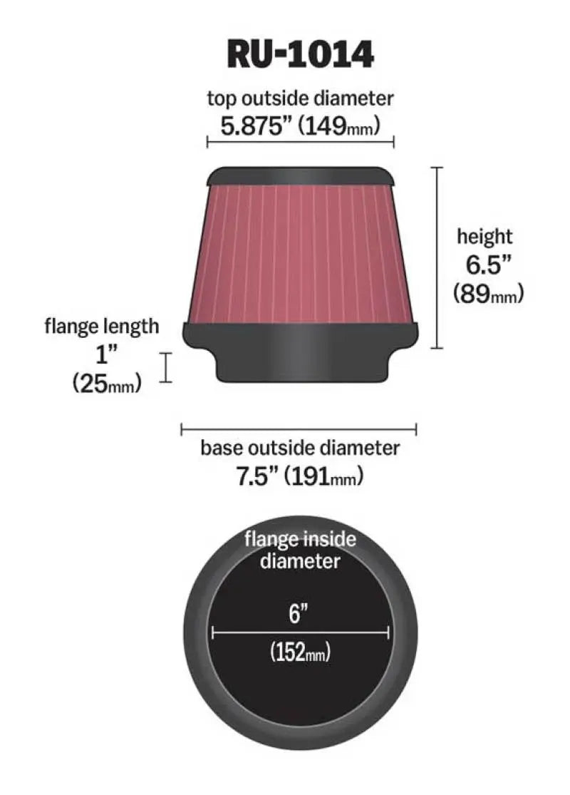 K&N Universal Tapered Filter 6in Flange ID x 7.5in Base OD x 5.875in Top OD x 6.5in Height K&N Engineering