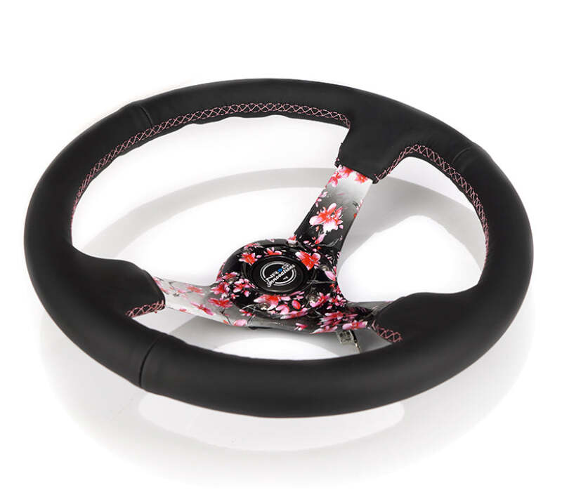 NRG Reinforced Steering Wheel (350mm/3in.) Hydro Dipped Sakura Floral w/ Pink Suede Black Stitch - RST-036SAK-R