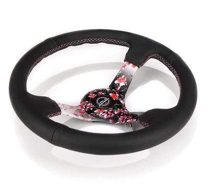 NRG Reinforced Steering Wheel (350mm/3in.) Hydro Dipped Sakura Floral w/ Pink Suede Black Stitch - RST-036SAK-R