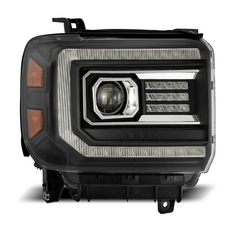 AlphaRex 14-18 GMC Sierra LUXX LED Proj Headlights Plank Style Black w/Activ Light/Seq Signal/DRL AlphaRex