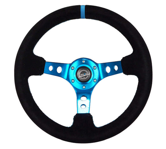 NRG Innovations 350mm Reinforced Deep Dish Steering Wheel - Leather - Blue Spokes - Blue Stitch – RST-006S-BL