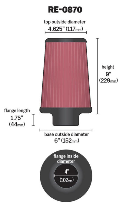 K&N Universal Rubber Filter 4inch FLG / 6inch OD-B / 4-5/8inch OD-T / 9inch H K&N Engineering
