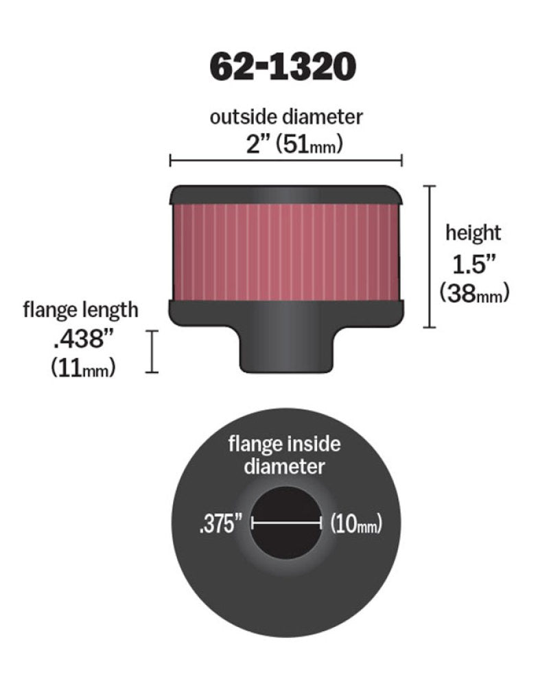 K&N Clamp On Rubber Base Crankcase Vent Filter 0.375in Flange ID x 2in OD x 1.5in Height K&N Engineering
