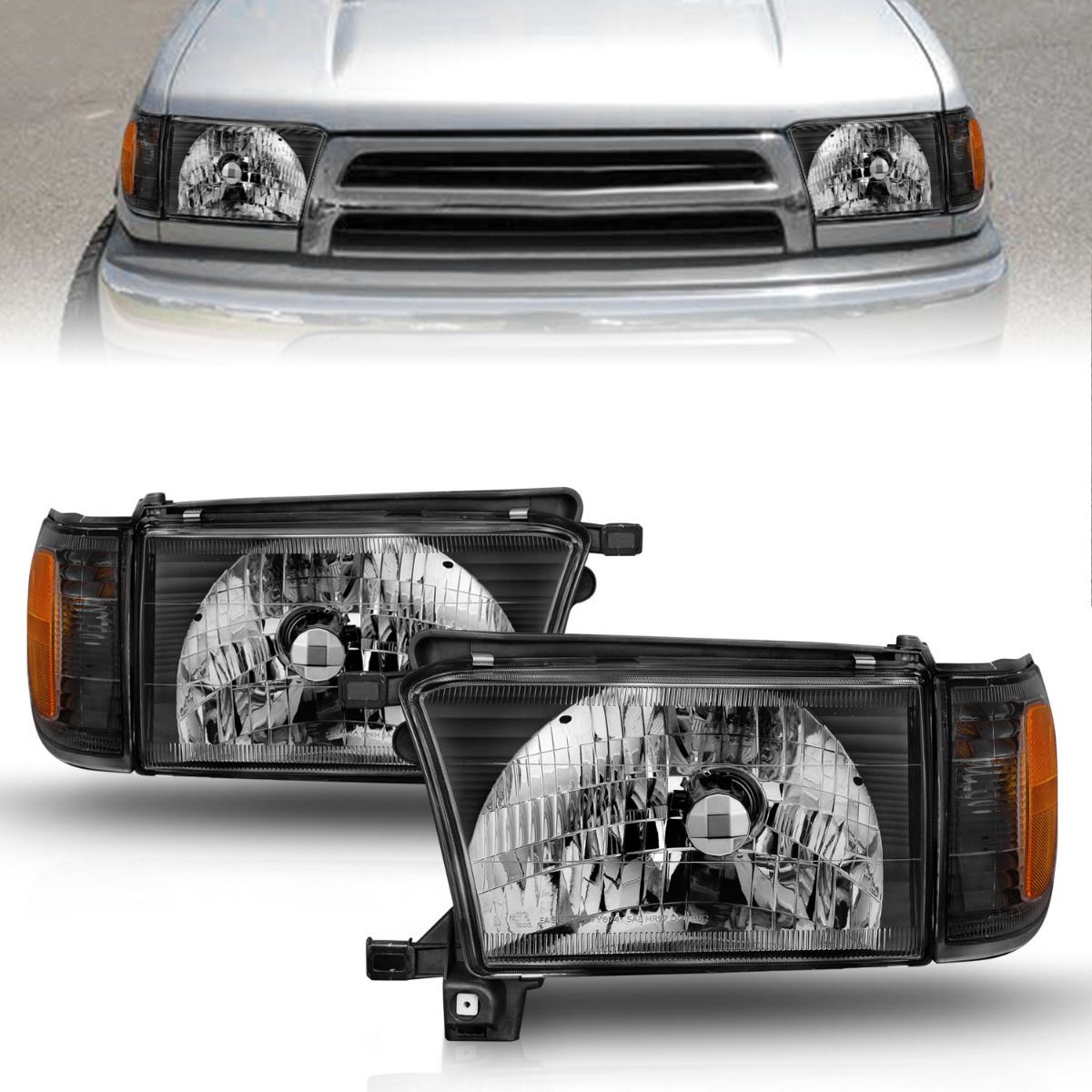 ANZO 111077 Crystal Headlights with Black Housing and Clear Lens for Toyota 4Runner 1999-2002, featuring integrated corner lights.