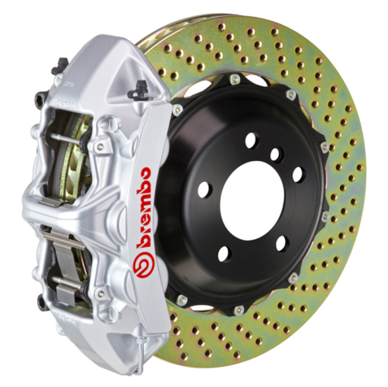 Brembo 05-14 Mustang GT Excl non-ABS Equipped Fr GT BBK 6Pist Cast 355x32 2pc Rtr Drill-Silver Brembo