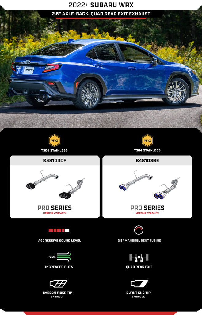 MBRP 2022-2024 Subaru WRX 2.4L, 2.5in Axle-Back Exhaust, Burnt T304 Quad Rear Exit (Race Profile) - S48103BE