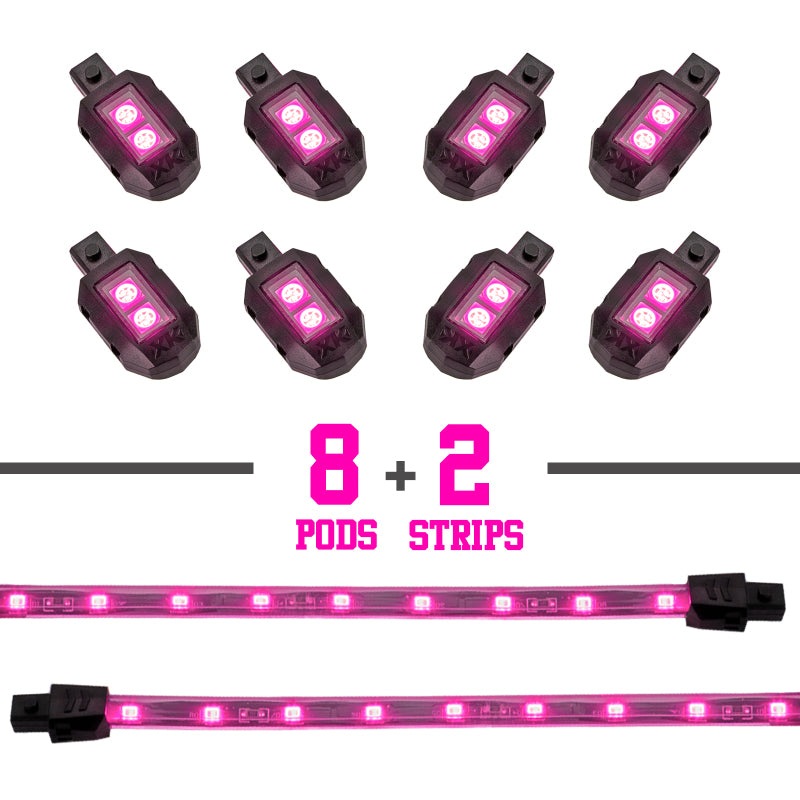 XK Glow Strips Single Color XKGLOW LED Accent Light Motorcycle Kit Pink - 8xPod + 2x8In