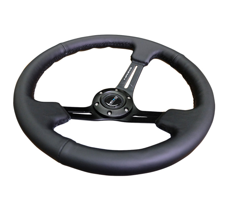 NRG Reinforced Steering Wheel (350mm / 3in. Deep) Blk Leather/Red Stitch w/Neochrome Slits - RST-018R-MCRS
