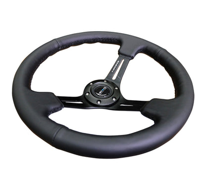 NRG Reinforced Steering Wheel (350mm / 3in. Deep) Blk Leather/Red Stitch w/Neochrome Slits - RST-018R-MCRS