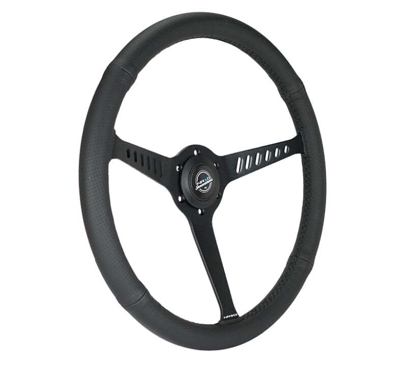 NRG Reinforced Stealth Wheel (380mm) 3 Spoke Center 1in Deep Dish - Perforated Leather Black Stitch - RST-380-STL-B