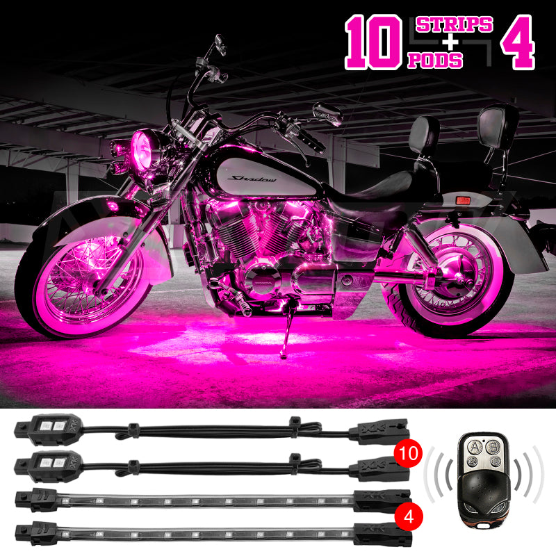 XK Glow Strips Single Color XKGLOW LED Accent Light Motorcycle Kit Pink - 10xPod + 4x8In