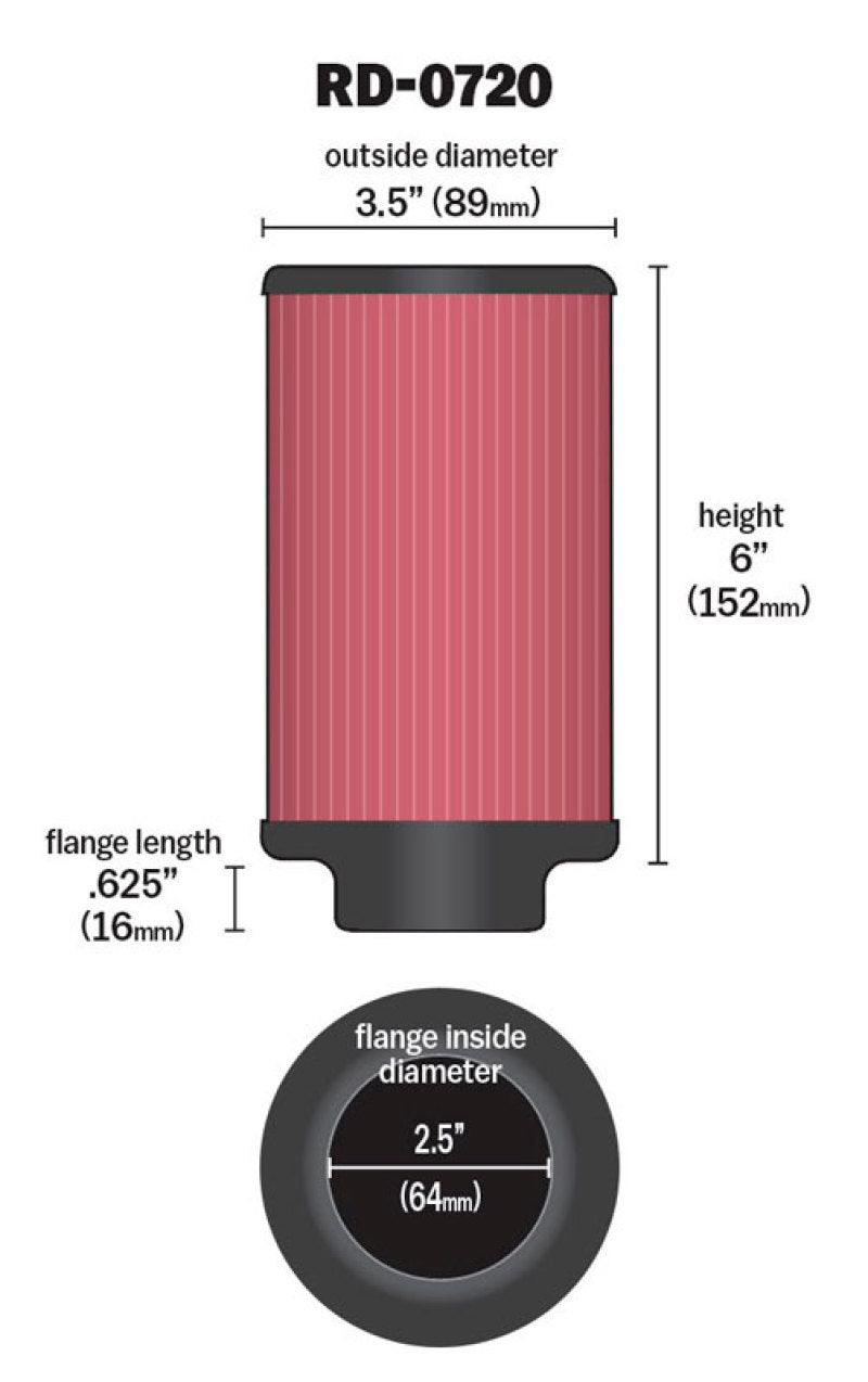 K&N Universal Rubber Filter 2.5in Flange ID x 3.5in OD x 6in Height K&N Engineering