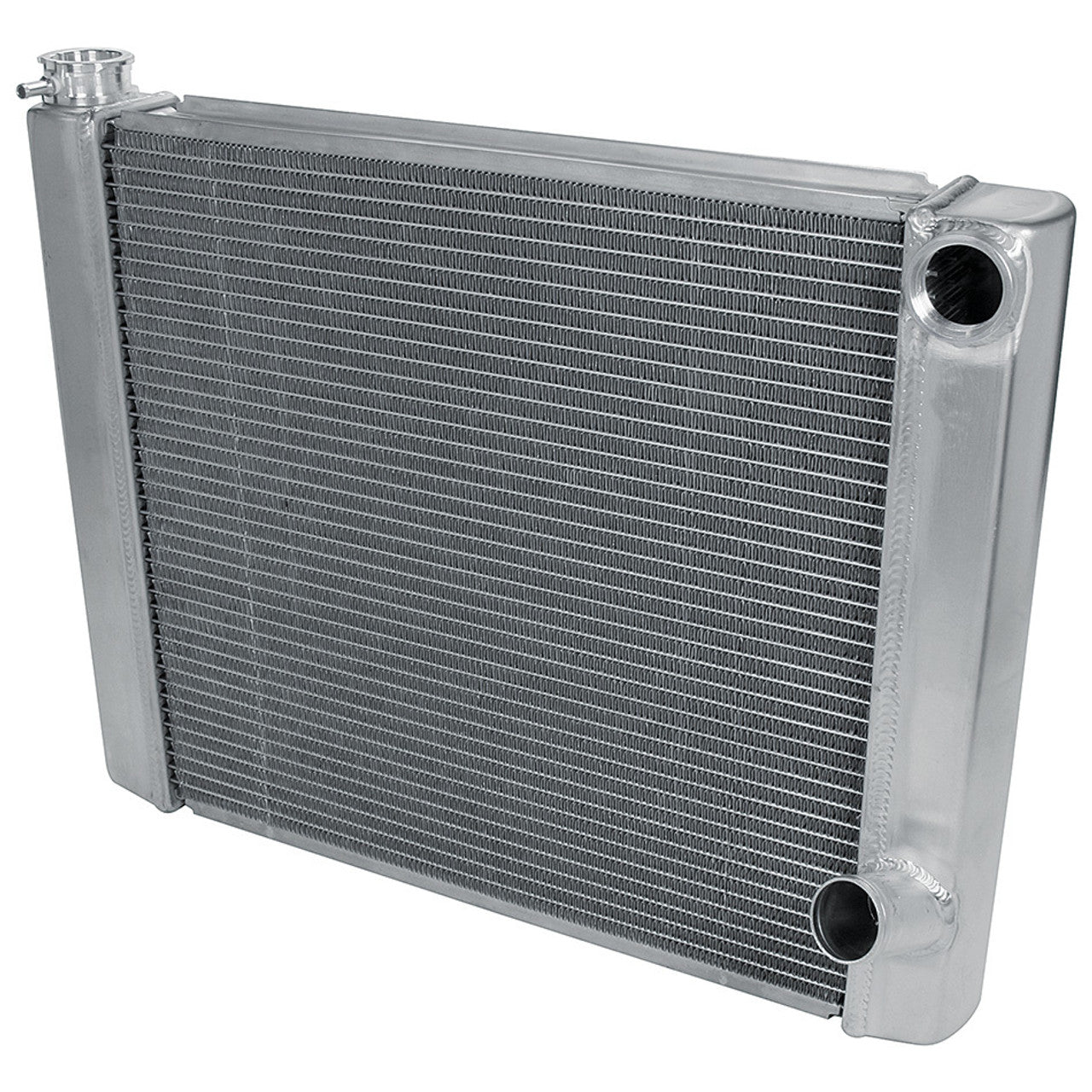 24x19" dual-pass 2-row aluminum radiator. ORB inlet, angled hose barb outlet. Billet filler neck. Natural finish. Part #: ALL30033.