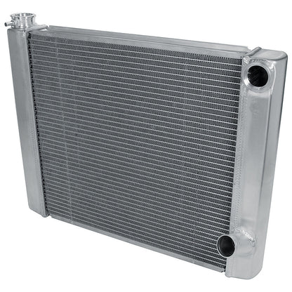 24x19" dual-pass 2-row aluminum radiator. ORB inlet, angled hose barb outlet. Billet filler neck. Natural finish. Part #: ALL30033.