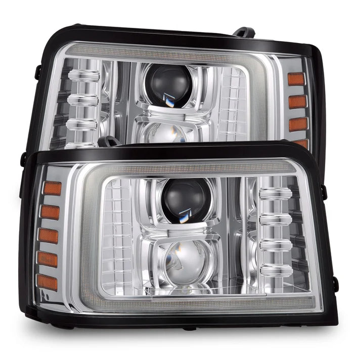 AlphaRex 880379 PRO-Series halogen projector headlights for 1992-1996 Ford F-Series and Bronco with chrome housings, LED DRLs, and sequential turn signals